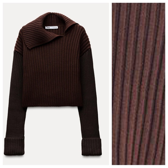 NWT. Zara Two-Toned Brown Rib Knit Cropped Sweater. Size M. - Picture 6 of 11